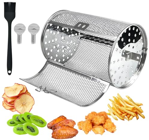 Tower Air Fryer Basket, Stainless Steel 360° Rotating Frying Basket Grill | Rotisserie Basket with Oil Brush, Roaster Drum Grilled Cage, Air Fryer Oven Accessories for Peanut Dried Nut Coffee Beans BBQ