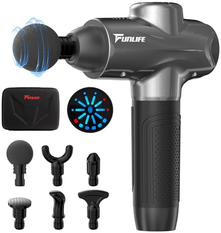 FunLife Massagepistole M6 – 12 mm Hub, USB-C, Platinum Gray | 3200 U/min, 6 Massageköpfe und LED-Display. Leise unter 45 dB, ideal für Sport und Regeneration.