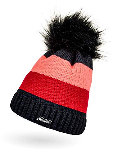 Neverless Dicke, gestreifte Damen Strickmütze gefüttert mit Kunstfell-Bommel, Strick-Beanie, Winter-Mütze, schwarz-rot-hellrot Unisize
