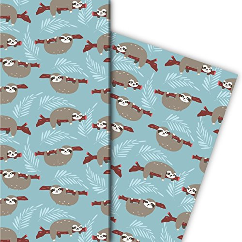Kartenkaufrausch Lustiges Faultier Geschenkpapier Set 4 Bogen, Dekorpapier nicht nur für Kinder, hellblau, für tolle Geschenk Verpackung, Musterpapier zum basteln 32 x 48cm