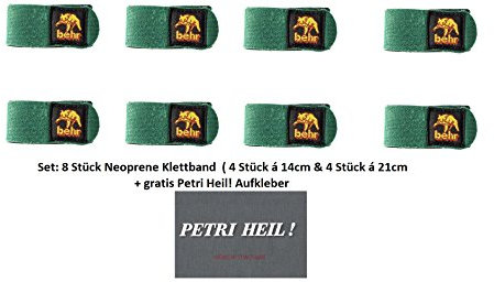 Set: 8 Stück Behr Neopren Rutenbänder Klettbänder 4 Stück von Behr 14 cm & 4 Stück 21cm + gratis Petri Heil! Aufkleber