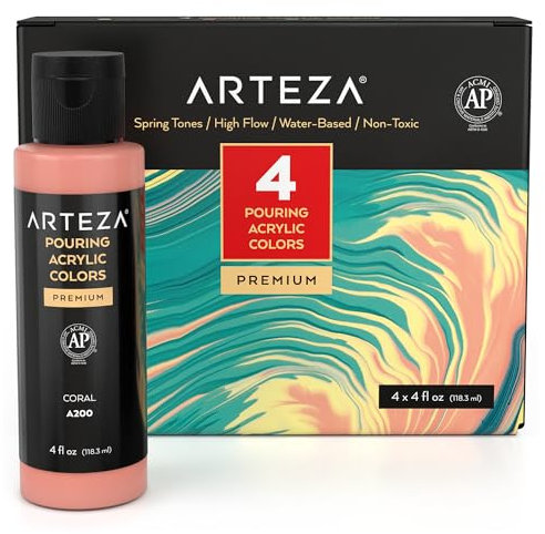 ARTEZA Acryl-Ausgießfarben-Set, 4 Frühlingsfarben, 113 ml Flaschen, High-Flow-Farbe, kein Mischen erforderlich, Kunstzubehör für Leinwand, Glas, Papier, Holz, Fliesen und Steine