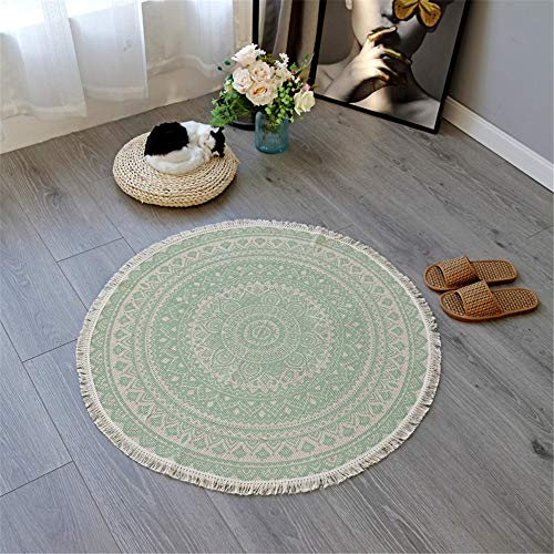 Morbuy Runde Teppiche Baumwolle mit Quasten,handgewebte schicke böhmische Mandala Bedruckte Muster-Baumwollteppich waschmaschinenfest,Ideal für Wohnzimmer,Schlafzimmer usw. (92cm,Grün)