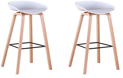 BenyLed Juego de 2 Taburetes de Bar con Patas de Madera de Haya Asiento de Plástico Altura de 75 cm para Bar Cocina Comedor Bistro, Blanco