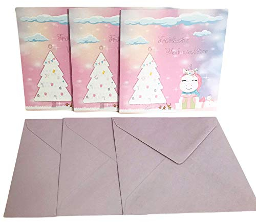 TryPinky® Einhorn Weihnachtskarten mit Umschlag Set mit violett glänzenden Umschlägen - Klappkarten Weihnachtskarte Rosa Einhörner (3)