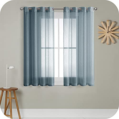 MRTREES Voile Gardinen Vorhang halbtransparent kurz mit Ösen in Leinenoptik Stores Gardinen Schals für Wohnzimmer Schlafzimmer Kinderzimmer Dunkelblau 137×140cm (H×B) 2er Set