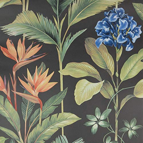 Oliana Charcoal Wallpaper Green Blue Orange Floral Tropical