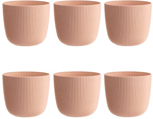Engelland - 6 x Blumentopf mit Drainagesystem, Apricot Rosa, Rillenoptik, Pflanz-Topf, Kübel, modern, widerstandsfähig, rund, wetterfest, Kunststoff, Ø 15 cm, 1,8 Liter