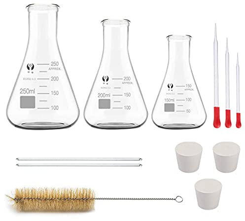 Glas Erlenmeyerkolben Set, JESTOOLO 250ml 200ml 150ml Konisch Fläschchen, 10 ml/5ml Messzylinder Glas mit 3 Glas Pipetten, 2 Waschbürste und 2 Glasstab, für Labor Lebensmittel Forschung Medizin