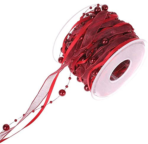 Duories 10m Perlengirlande mit Organza,8+3mm Perlenband,Geschenkband,Trendyband,Schleifenband,Dekoband Hängedeko Tischdeko Dekokette für Hochzeit Weihnachten Taufe Geburtstagsgeschenke,Weinrot