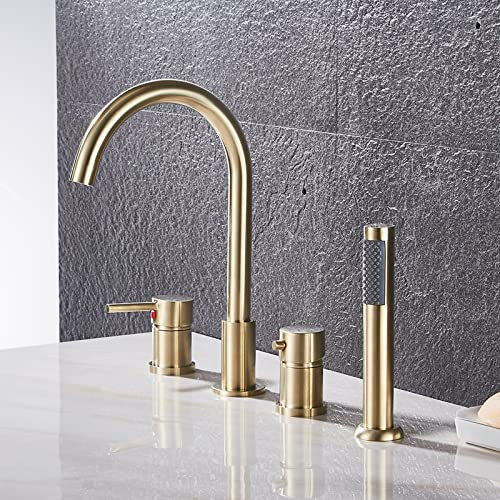 4 Trous Robinet de Douche Chaud et Froid Mitigeur Robinet Douche pour Baignoire Bifonctionnel Robinet Baignoire avec Pommeau de Douchette Extractible,Or Brossé