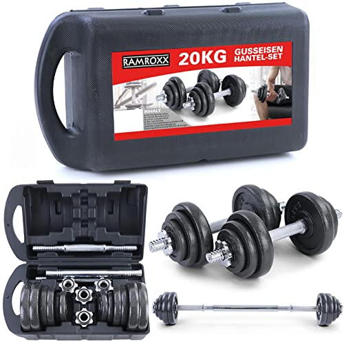 RAMROXX 20 kg Kurzhantel und Langhantel Set 4x2,5kg 4x1,25kg 4x0,5kg Schwarz Gusseisen