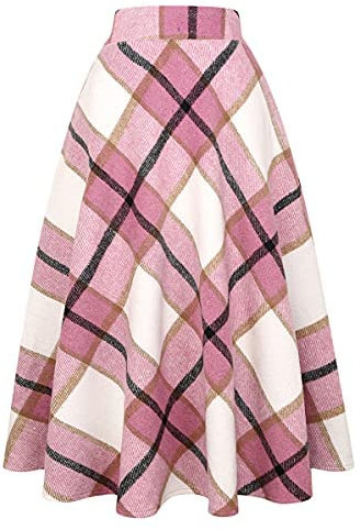 IDEALSANXUN Gonne in lana scozzese da donna con elastico in vita a trapezio plissettato in tartan, Rosa, 3XL