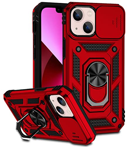 Jiyu Coque Compatible avec iPhone 13 6.1, Étui avec Cache Caméra & Support à Bague 360 Armor Full Body Antichoc Anti-Chut Housse TPU Silicone Bumper Cover,Rouge