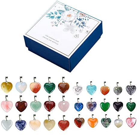 30Pcs Heart Shaped Stone Pendants, 2 Sizes Assorted Color Charms Crystal Chakra Beads Natural Colorful Heart Healing Crystal Gemstone Stone Charms Set for DIY Necklace Jewelry Making