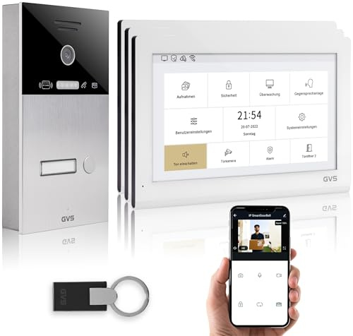 GVS IP Video Türsprechanlage mit Türöffner, RFID, 3X 10 Zoll Monitor & App | Smarte Video Türklingel mit Kamera und Monitor & App - Gegensprechanlage für 1 Familienhaus (AVS5421A)