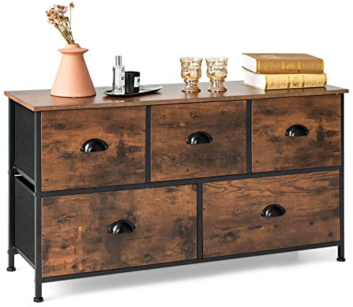 COSTWAY Kommode mit 5 Schubladen, 2-stöckiger rustikaler Aufbewahrungsschrank mit faltbaren Stoffschubladen & Metallrahmen, Beistellschrank für Wohnzimmer Flur Schlafzimmer, 100 x 30 x 54cm