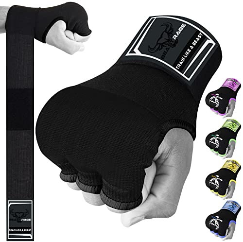 BEAST RAGE Boxbandagen Herren, Gelhandschuhe MMA 75 cm lang Boxbandagen elastisch, gepolstert Gel Innenhandschuhe Boxen, Boxsack, Training Muay Thai, Handbandagen Kinder (Schwarz, XL (Adult))