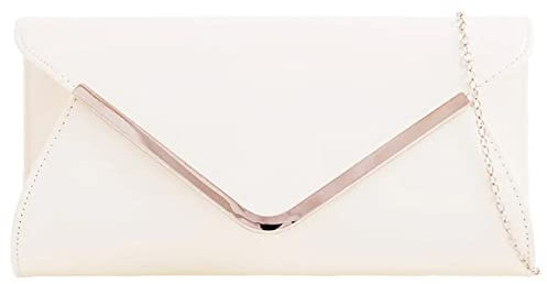 UShopUK Borsa a mano da sposa in pelle verniciata tinta unita con scollo a V, bianco, medium