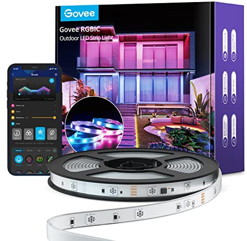 Govee Outdoor LED Strip Lights, 10m RGBIC Outdoor Lights Work with Alexa, IP65 Waterproof, Music Sync Rope Lights for Roof Eave Balcony Garden