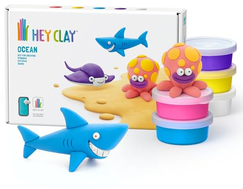 Hey Clay Ocean: Hai, Krake, Stachelrochen Set – Bunte Modellierung Kinder – Lufttrocknen Ton Kit 6 Dosen mit Spaß Interaktive Anleitung App
