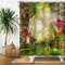 Bovlleetd Frühlingsmärchen Duschvorhang Enchanted Talking Tree Mushroom Duschvorhang für Badezimmer Grüner Rasen Pflanze mit Blumen Sonnenschein Badvorhang Zubehör 122x183cm