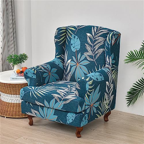 Highdi 2 Piece Stretch Wingback Chair Covers Wing Chair Slipcover Armchairs Covers Modern Fashion Sofa Slipcover Spandex Furniture Protector for Living Room Bedroom Hotel (Dark Blue Leaves)