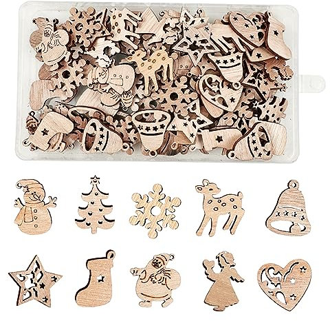 FRUHLING 100 Stück Weihnachtsanhänger Weihnachtsbaum Deko Holz Baumschmuck Weihnachten Holzanhänger Holzscheiben Streudeko für DIY Basteln Geschenk Weihnachtdeko
