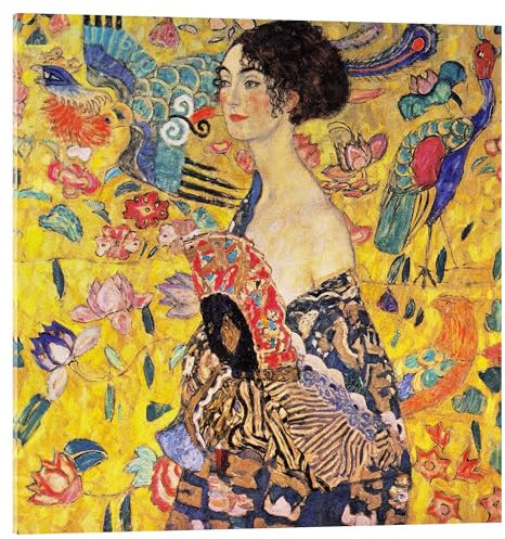 Posterlounge La dame à l'éventail Tableau en verre acrylique de Gustav Klimt 70 x 70 cm Déco colorée Tableaux Décoration murale
