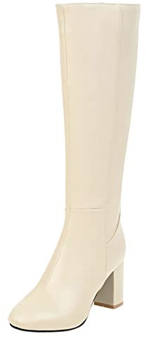 Stivali da donna con tacco alto e testa quadrata, alla moda, versatili, caldi e confortevoli, stivali alti al polpaccio extra larghi per le donne, Beige, 38.5 EU
