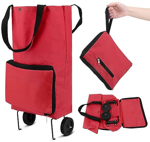 Carrello per la spesa pieghevole, con ruote in gomma, carrello per la spesa pieghevole, in tessuto Oxford, borsa per la spesa riutilizzabile per supermercato, borsa capiente (rosso)