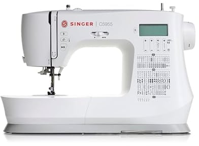 SINGER C5955 – Máquina de coser electrónica profesional y máquina de coser con 200 puntos, 8 ojales, enhebrador automático de agujas, pantalla LCD, 2 LED, 8 pies para costura creativa, piel y