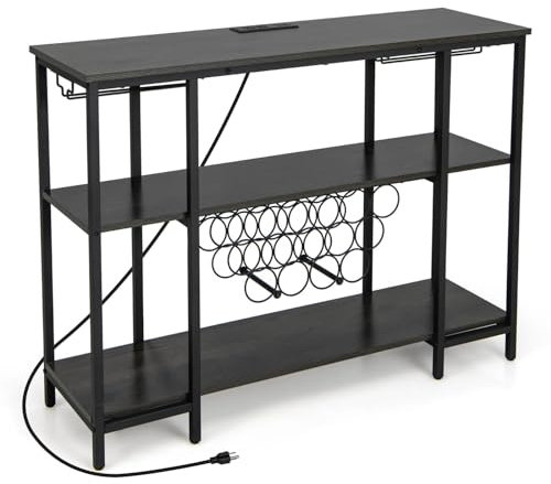 GiantexUK Wine Bar Cabinet, 3-Tier Liquor Bar Table with 15 Bottles Wine Rack, Glass Holder, Charging Station & Adjustable Foot Pads, Metal Frame Storage Sideboard for Kitchen Dining Room (Grey)