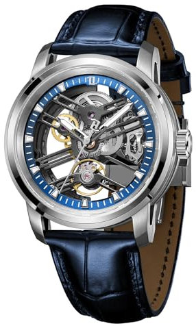 OBLVLO Modische mechanische Armbanduhr für Herren, künstliches Saphirglas, luxuriöses Skelett, leuchtendes Lederband, Automatikuhr, KM-S, Km-s-yll, Armband