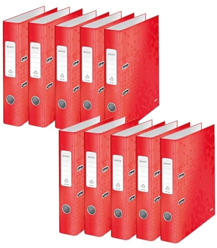 Leitz Qualitäts-Ordner 180°, 10er Pack, DIN A4 Aktenordner, 5 cm Rückenbreite, Mit 180° Präzisionsmechanik & selbstklebendem Rückenschild, Mit laminierter Oberfläche, Rot, WOW Serie, 10060026