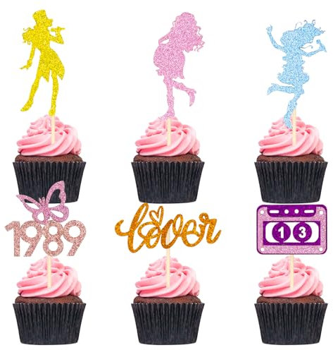Dohia Music Singer Cupcake Toppers Glitter Popular Dance Singer Cupcake Picks I Love Singer Legand Since 1989 for Singer Concert Theme Birthday Party Cake Decorations Supplies ST1-MMYCHCQ (Cute)