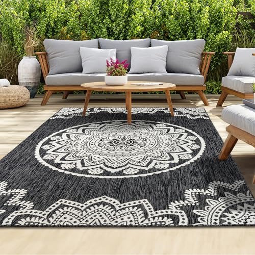 homeart Outdoor Rug - Easy-Clean, Durable, Stain-Resistant, Weather & UV Resistant Indoor & Outdoor Rugs for Porch, Deck, Balcony, Garden, Picnic and Patio | Mandala Black, Cream - 200x290cm