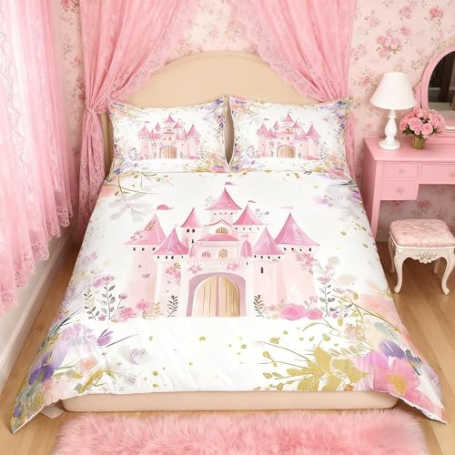 Pink Castle - Juego de funda de edredón infantil, tamaño doble, juego de ropa de cama de flores de acuarela para decoración de dormitorio de princesa, funda de edredón floral de cuento de hadas, funda