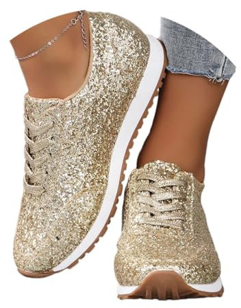 shownicer Baskets Femme Paillettes Baskets à Lacets Mode Léger Respirante Sport Fitness Sneakers Confort Chaussures Sport Jogging Chaussures A Or 36 EU