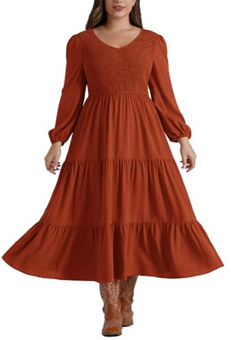 Hanna Nikole Women's Plus Size Fall Casual Dress Long Sleeve Smocked Aline Flowy V Neck Maxi Renaissance Dresses Red 26