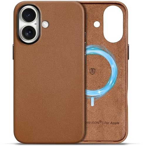 SHIELDON Case for iPhone 16 5G 6.1, Genuine Leather Magnetic Wireless Charging Case [Slim Fit][Non-Slip][Metal Button] Shockproof Full Protection Cover Compatible with iPhone 16 2024 - Saddle Brown