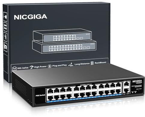 NICGIGA Switch Poe a 24 Porte Non gestito, Poe 24 Porte a 400W, 2 Porte uplink Gigabit, Switch di Rete 26 Porte Power Over Ethernet, modalità VLAN, Estensione a 250m, Montaggio su Rack da 19 Pollici