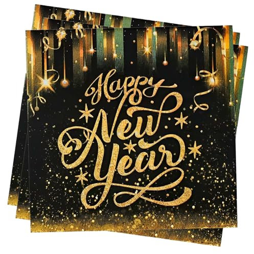 40 Stück Servietten Silvester, Servietten Silvester 2025, Weihnachtsservietten Papier Happy New Year Papierservietten Silvester Schwarz Gold Servietten Für Neujahr Party Dekora Silvester Tischdeko