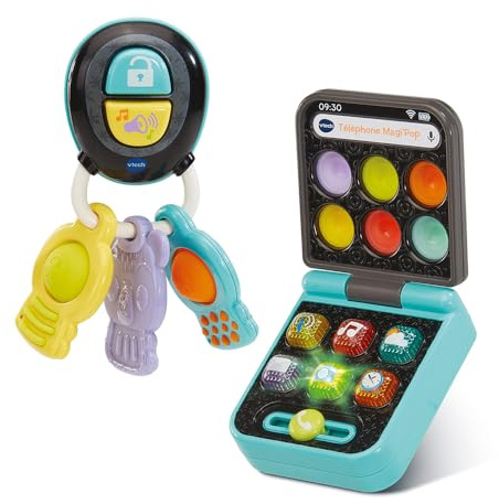 VTech - Téléphone et Clés Magi'Pop, Coffret Bébé Duo, Téléphone Flip Jouet Interactif et Hochet Clefs avec Bip Voiture et Jouet de Dentition Ourson, Cadeau Bébé Dès 6 Mois - Contenu en Français