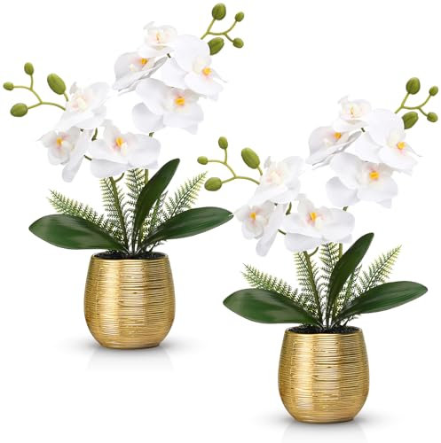 Juinte 2 Pcs Orchids Artificial Flowers in Gold Ceramic Vase 13'' White Fake Flowers Phalaenopsis Faux Orchid for Home Office Wedding Party Dining Room Table Centerpiece Decoration