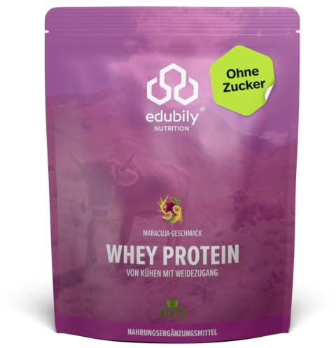 edubily® Whey Protein Konzentrat - Aus Milch von Kühen mit Weidezugang - Ohne Zucker & mit Stevia gesüßt - Optimale Löslichkeit - Made in Germany (750 g, Maracuja)