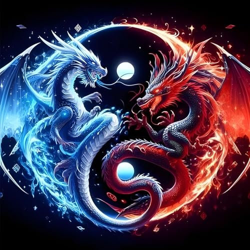 DAERLE Diamond Painting Erwachsene, Feuer und Eis Drache, Diamant Painting Bilder Yin und Yang Drache, 5D Diamond Painting Set für Anfänger, DIY Mosaikherstellung Bastelset für Haus Wanddeko 30x30cm