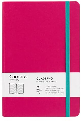 Campus Bullet Journal Notizbuch, A5, horizontal, liniert, 7 mm, gebundenes Notizbuch mit festem Einband, 96 Blatt à 75 g, elastischer Verschluss, Tasche und Lesezeichen (A5, horizontal, liniert, Rosa)