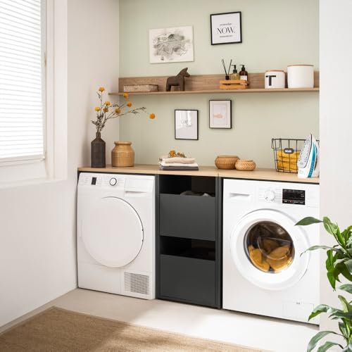 Lomadox Waschmaschinenschrank mit Wäscheschrank Hauswirtschaftsraum für Waschmaschine und Trockner anthrazit mit Eiche Waschküche modern Landhaus Wäsche sortieren Umbauschränke