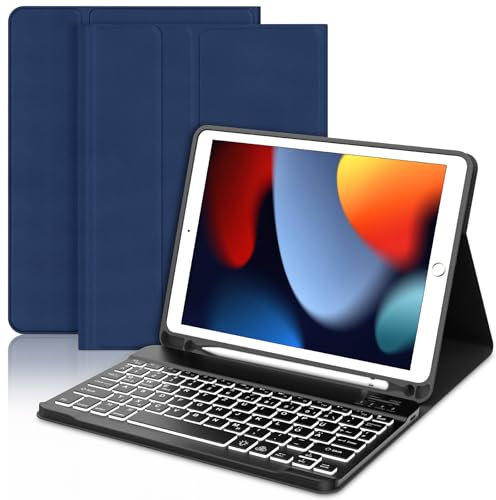 JADEMALL Für iPad 6. Generation Hülle mit Tastatur, Abnehmbare Bluetooth Tastatur mit 7-Farben Backlight für iPad 5./6. Gen, Pro 9.7, Air 1 & 2, QWERTZ Deutsch – Dunkelblau